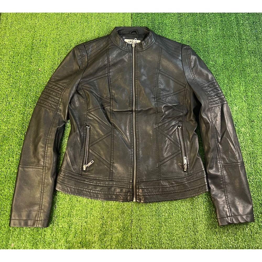 Made By Johnny Womens Black Faux Leather Moto Jacket Til Death Coffin Rose XL
